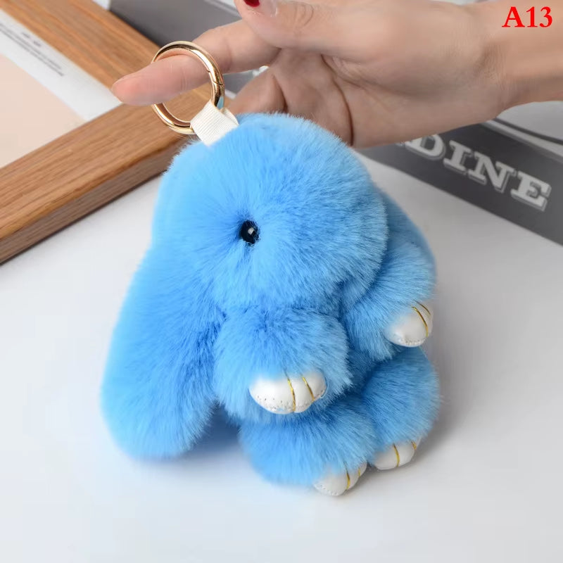 1PC 15CM Cartoon Rabbit Keychain Ring Fluffy Real Fur Pompon Bunny Trinket Key Chain Charm Cute Key Ring on Bag Car Key Pendant