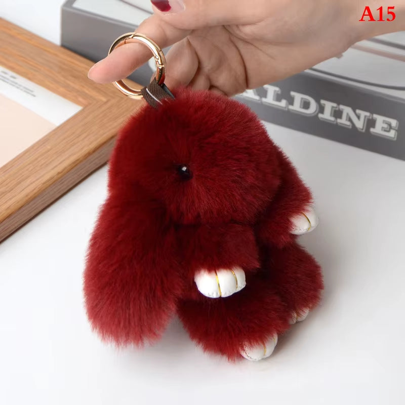 1PC 15CM Cartoon Rabbit Keychain Ring Fluffy Real Fur Pompon Bunny Trinket Key Chain Charm Cute Key Ring on Bag Car Key Pendant